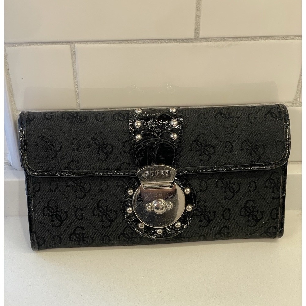 Vintage Y2K Guess Wallet Women Black Logo Bifold Slots ID Window Zipper Pocket